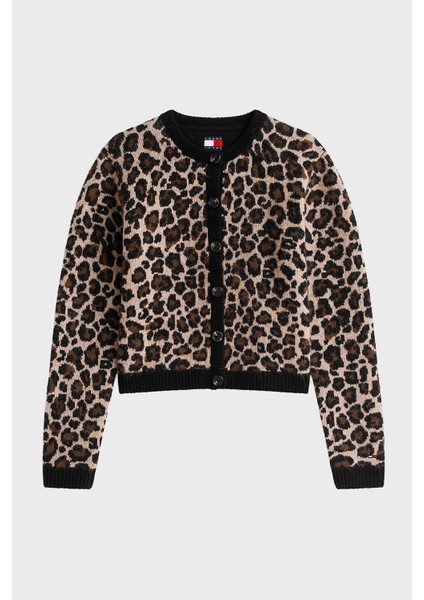 Yün Karışımlı Leopar Desenli Relaxed Fit Bisiklet Yaka Hırka Bayan Hırka DW0DW21968 0hd