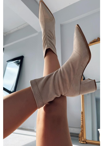 Caryne Kadın Topuklu Streç Bot Bej Süet indirimleri