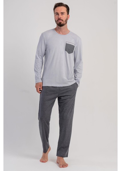 Erkek Gri Renk Uzun Kollu Bisiklet Yaka Çizgili Alt Pijama Takımı C9T9N0305