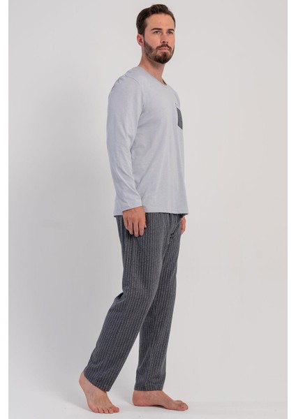 Erkek Gri Renk Uzun Kollu Bisiklet Yaka Çizgili Alt Pijama Takımı C9T9N0305 fiyatları