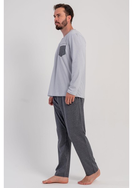 Erkek Gri Renk Uzun Kollu Bisiklet Yaka Çizgili Alt Pijama Takımı C9T9N0305 modelleri