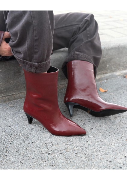 Silvar Kadın Topuklu Bot Bordo Kırışık Rugan