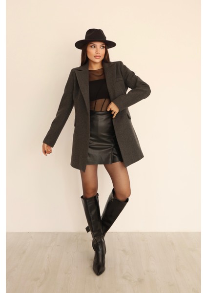 Kadın Antrasit Yandan Kemer Detaylı Kaşe Kaban fırsatları