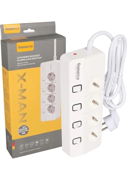 X-MAN-104 A-Class 4'lü Ayrı Anahtarlı 2 Metre Akım Korumalı Grup Priz 1400 Joule modelleri