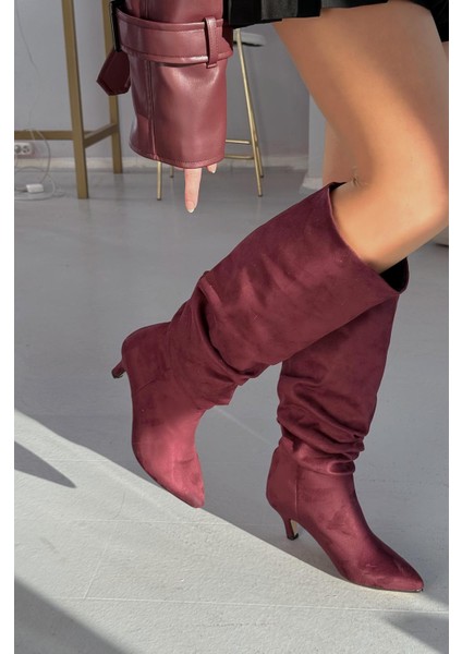 Sollet Bordo Süet Ince Topuklu Günlük Kadın Çizme