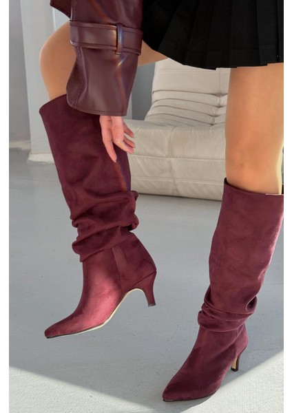 Sollet Bordo Süet Ince Topuklu Günlük Kadın Çizme fırsatları