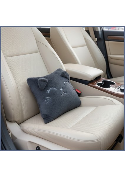 Kedi Nakış Desenli Pelüş Seyahat Yastığı | Araç Uçak Otobüs Için Yumuşak Konforlu Kırlent 30X35 cm