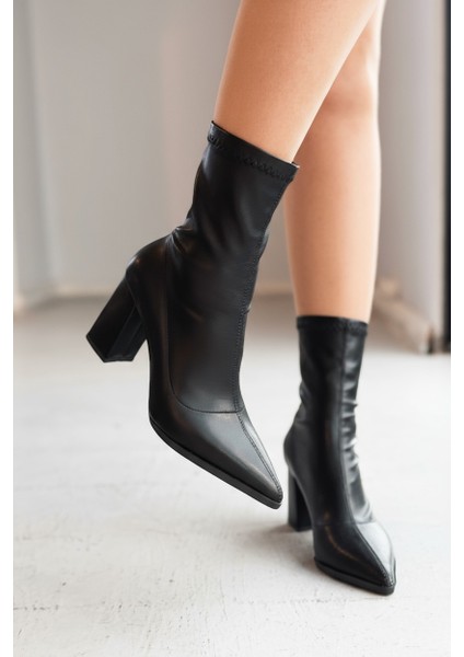 Ardews Mat Deri Topuklu Çorap Bot Siyah