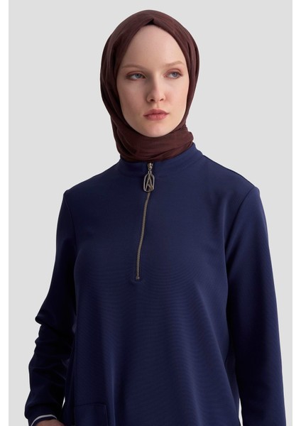 Kolları Ribanalı Yarım Fermuarlı Tunik Lacivert 25KT443 fırsatları