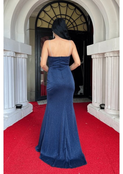 Simli Kumaş Degaje Yaka Abiye Elbise - Lacivert indirimleri