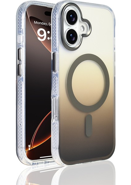 iPhone 17 Kılıf M-Safe Şarj Özellikli Transparan Renk Geçişli Klcr Toros Kapak - Gri