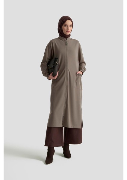 Kolları Ribanalı Boydan Fermuarlı Cepli Giy Çık Vizon 25KT557