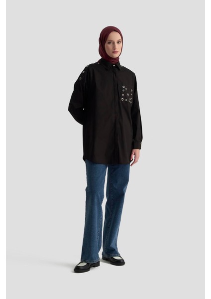 Gizli Düğmeli Kuşgözü Detaylı Gömlek Siyah 25KT420 modelleri