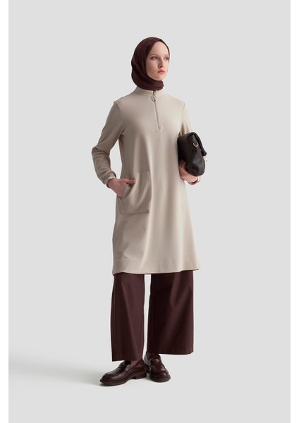 Kolları Ribanalı Yarım Fermuarlı Tunik Bej 25KT443 fiyatları