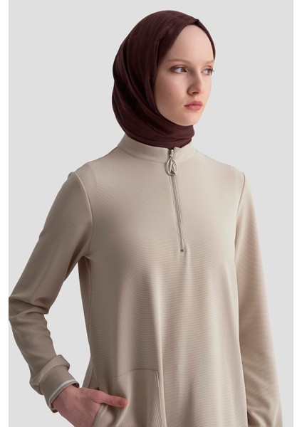 Kolları Ribanalı Yarım Fermuarlı Tunik Bej 25KT443 modelleri
