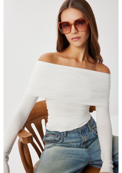 Straplez Büzgülü Örme Bluz LUB0298 Ekru
