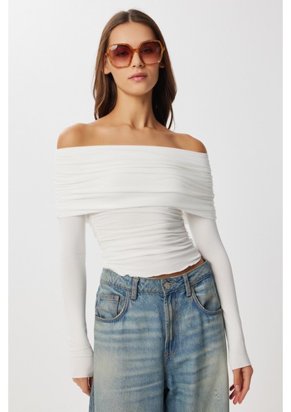 Straplez Büzgülü Örme Bluz LUB0298 Ekru fiyatları
