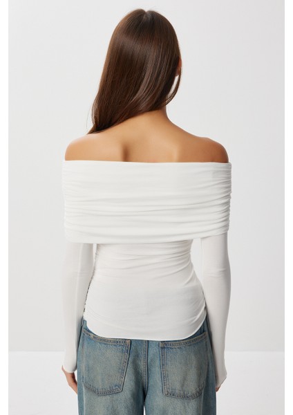 Straplez Büzgülü Örme Bluz LUB0298 Ekru fırsatları