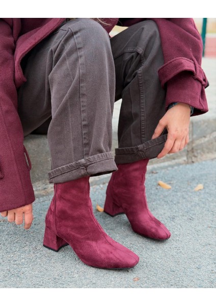 Jornel Kadın Topuklu Streç Bot Bordo Süet