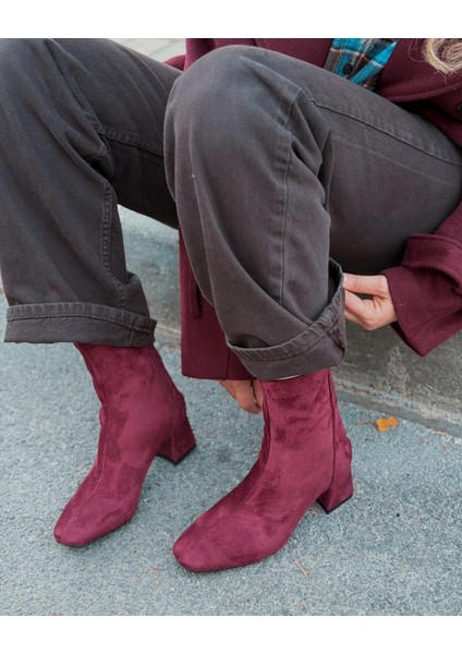 Jornel Kadın Topuklu Streç Bot Bordo Süet modelleri