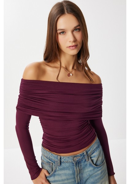 Straplez Büzgülü Örme Bluz LUB0298 Mürdüm