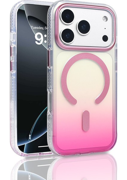 iPhone 17 Pro Kılıf M-Safe Şarj Özellikli Transparan Renk Geçişli Klcr Toros Kapak - Rose Pembe