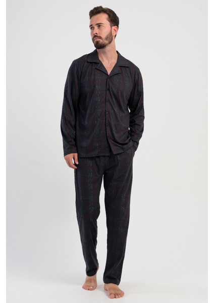 Erkek Füme Uzun Kollu Önden Düğmeli Gömlek Yaka Ekose Desenli Pijama Takımı C2T1N1305