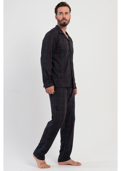 Erkek Füme Uzun Kollu Önden Düğmeli Gömlek Yaka Ekose Desenli Pijama Takımı C2T1N1305 fiyatları