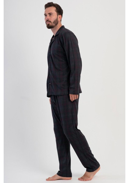 Erkek Füme Uzun Kollu Önden Düğmeli Gömlek Yaka Ekose Desenli Pijama Takımı C2T1N1305 modelleri