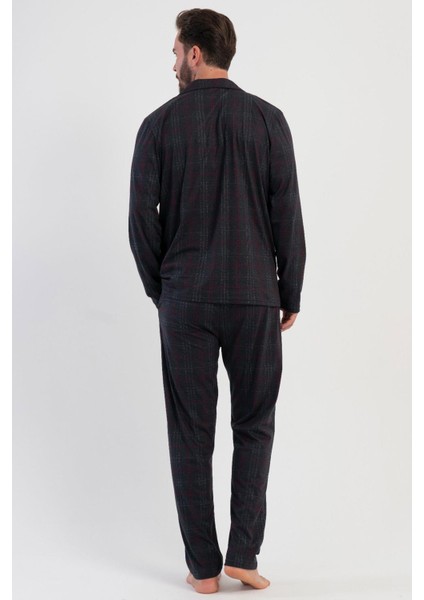 Erkek Füme Uzun Kollu Önden Düğmeli Gömlek Yaka Ekose Desenli Pijama Takımı C2T1N1305 fırsatları