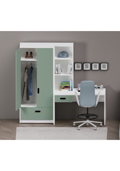 Essenza Kitaplıklı Çalışma Masası ve 2 Kapaklı Dolap Seti Beyaz Gövde Su Yeşili Kapak