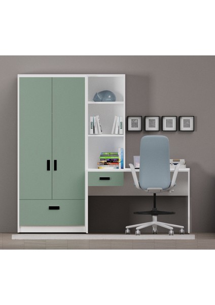 Essenza Kitaplıklı Çalışma Masası ve 2 Kapaklı Dolap Seti Beyaz Gövde Su Yeşili Kapak fiyatları