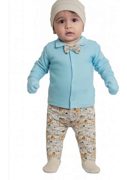 Pamuklu Erkek Bebek Köpek Figürlü Papyonlu 5 'li Takım 0 &12 Ay