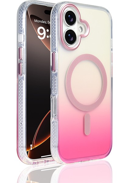 iPhone 17 Kılıf M-Safe Şarj Özellikli Transparan Renk Geçişli Klcr Toros Kapak - Rose Pembe