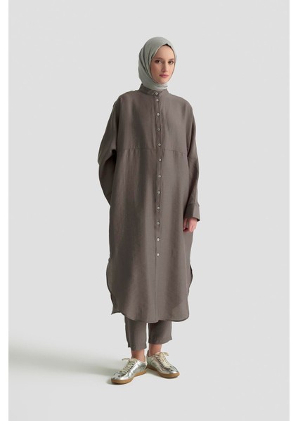 Boydan Düğmeli Rahat Kesim Pantolonlu Ikili Takım Kahverengi 25YT669