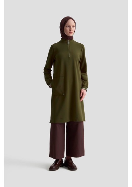 Kolları Ribanalı Yarım Fermuarlı Tunik Yağ Yeşili 25KT443 fiyatları