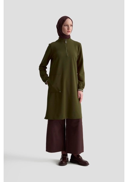 Kolları Ribanalı Yarım Fermuarlı Tunik Yağ Yeşili 25KT443
