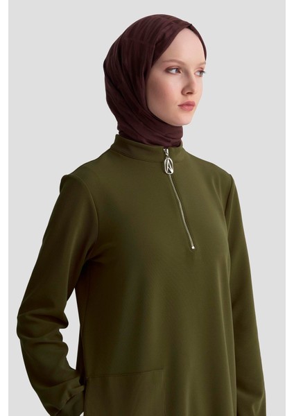 Kolları Ribanalı Yarım Fermuarlı Tunik Yağ Yeşili 25KT443 modelleri