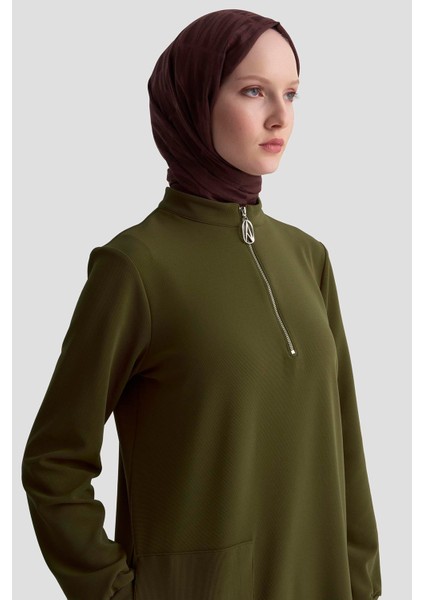 Kolları Ribanalı Yarım Fermuarlı Tunik Yağ Yeşili 25KT443 fırsatları