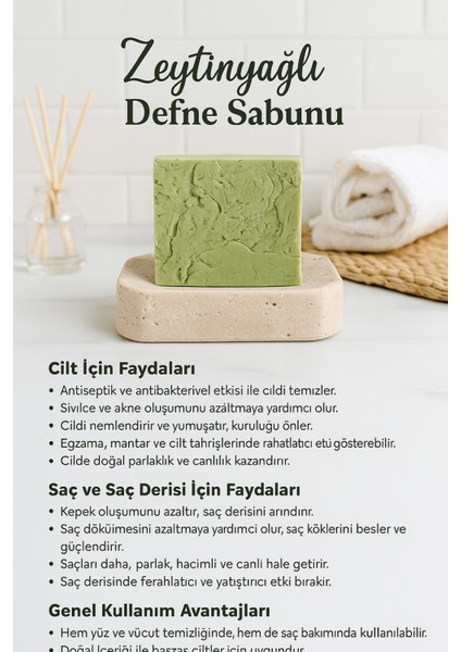 Zeytinyağlı Defne Sabunu – Cilt Besleyici & Saç Bakımına Uygun Doğal Sabun 110G fırsatları