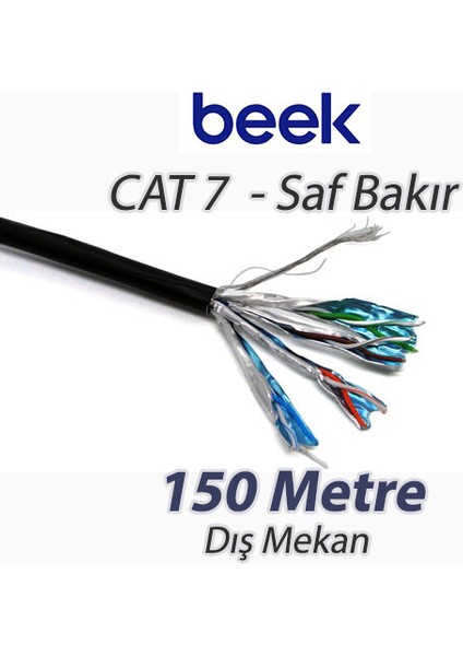 Cat7 - 150 Metre Saf Bakır S/ftp AWG23 Spe Dış Mekan Data Kablosu, Siyah Renk