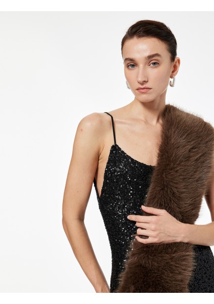 Ip Askılı U Yaka Pullu Payetli Midi Abiye Elbise