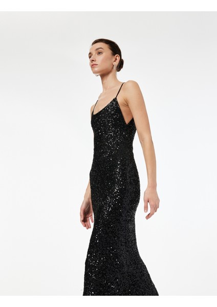 Ip Askılı U Yaka Pullu Payetli Midi Abiye Elbise fiyatları