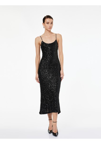 Ip Askılı U Yaka Pullu Payetli Midi Abiye Elbise modelleri