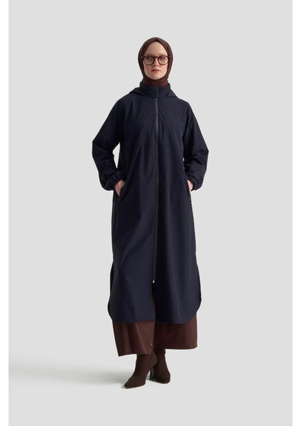 Marka Yazılı Fermuarlı Gizli Kapüşonlu Giyçık Lacivert 25KT548