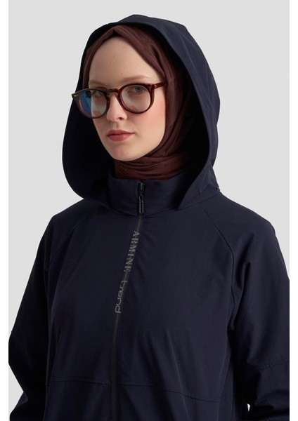 Marka Yazılı Fermuarlı Gizli Kapüşonlu Giyçık Lacivert 25KT548 fırsatları