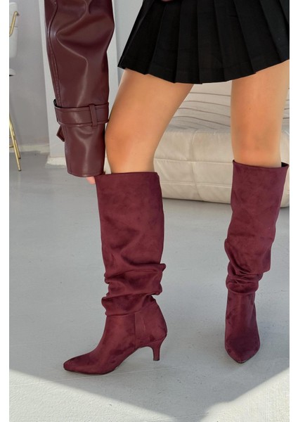 Sollet Bordo Süet Ince Topuklu Günlük Kadın Çizme modelleri
