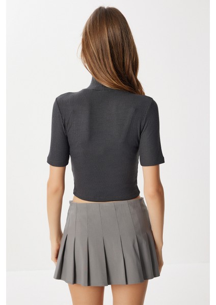 Dik Yaka Crop Fitilli Örme Bluz LUB0295 Antrasit fırsatları