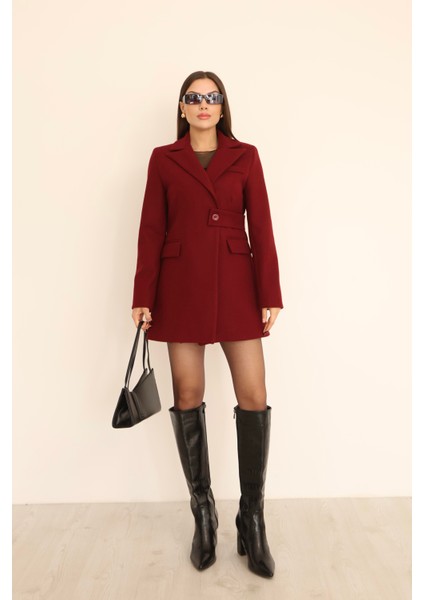 Kadın Bordo Yandan Kemer Detaylı Kaşe Kaban modelleri