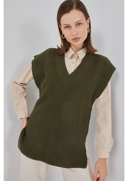 Kadın Bdart Ribanalı Dokulu Rahat Fit Triko Yelek Haki Yeşil